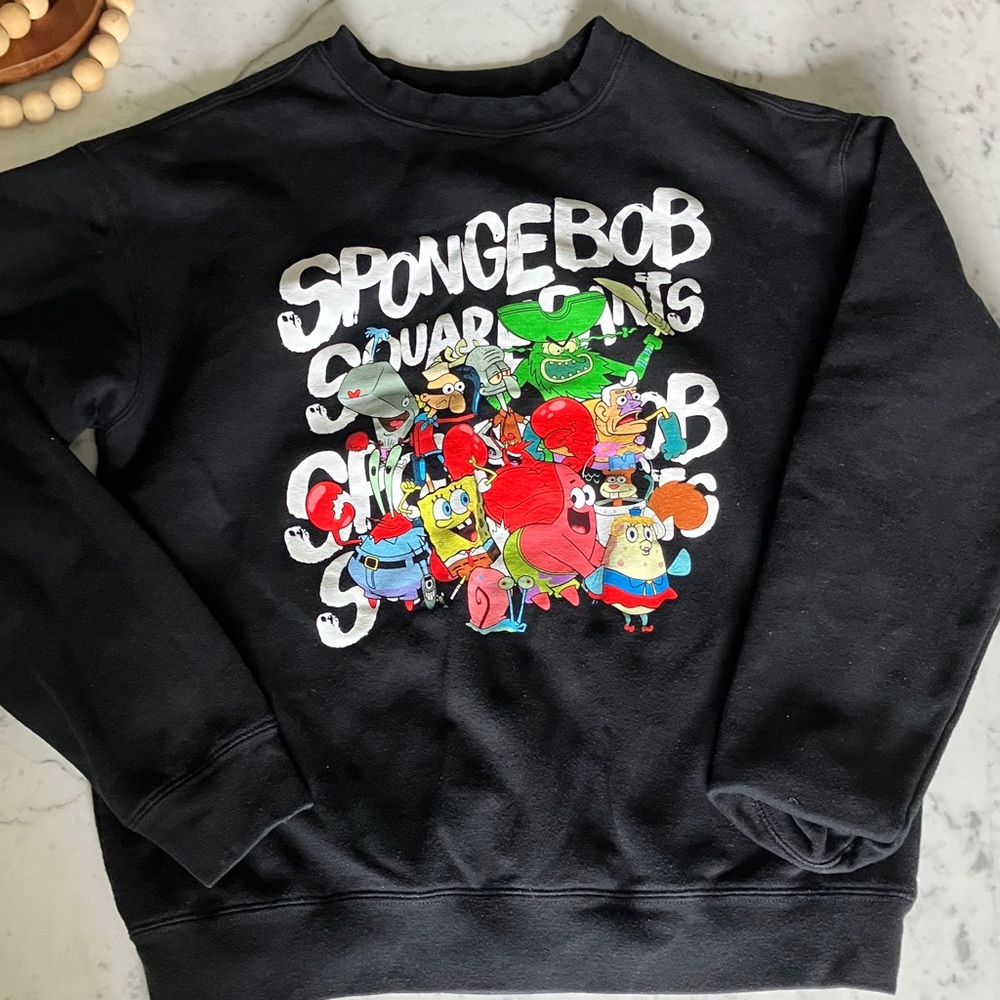 SpongeBob Squarepants Black Crewneck Sweatshirt with Multicolor Character Art
